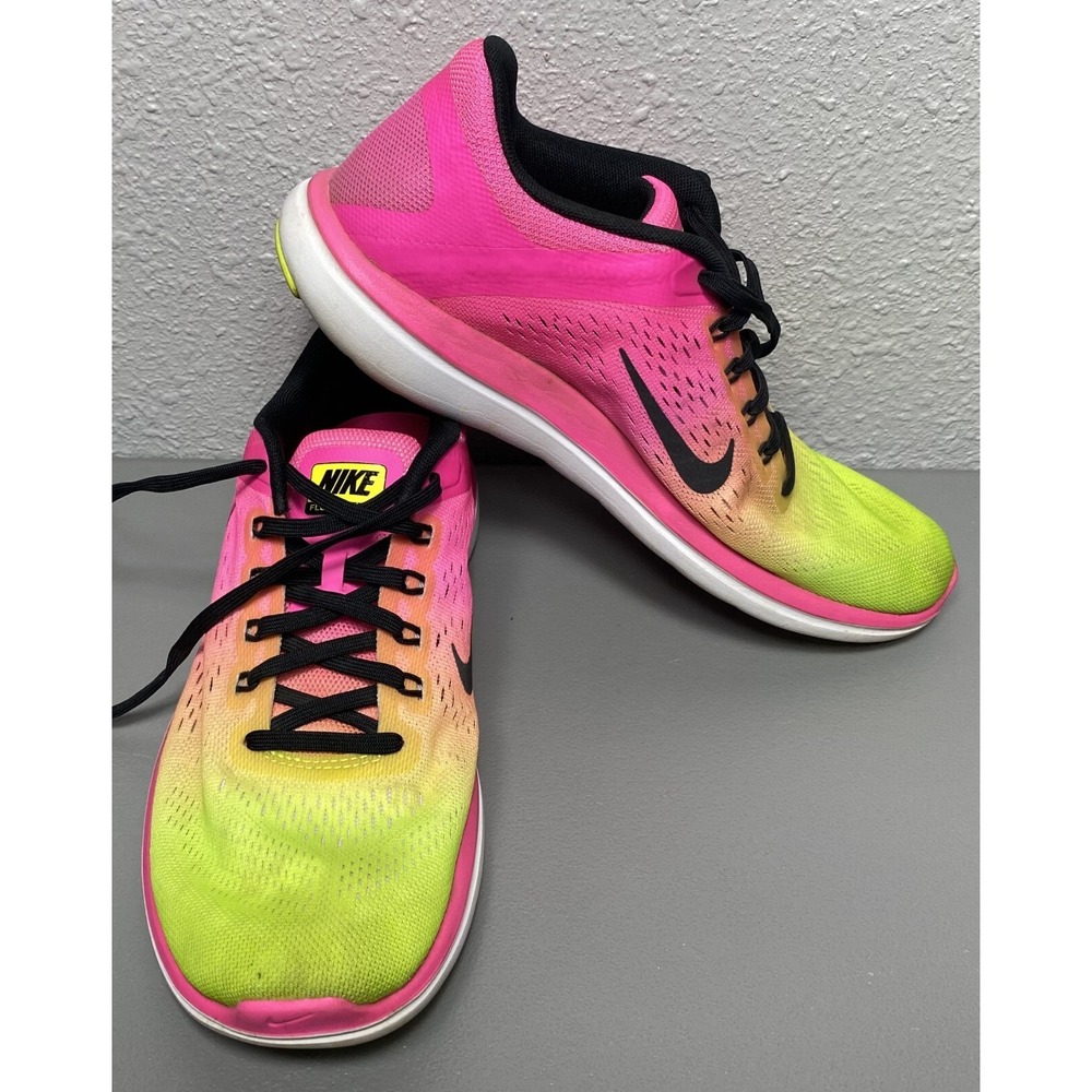 Nike Womens Flex 2016 Run 844741-999 Pink Yellow Running Shoes Sneakers Size 9